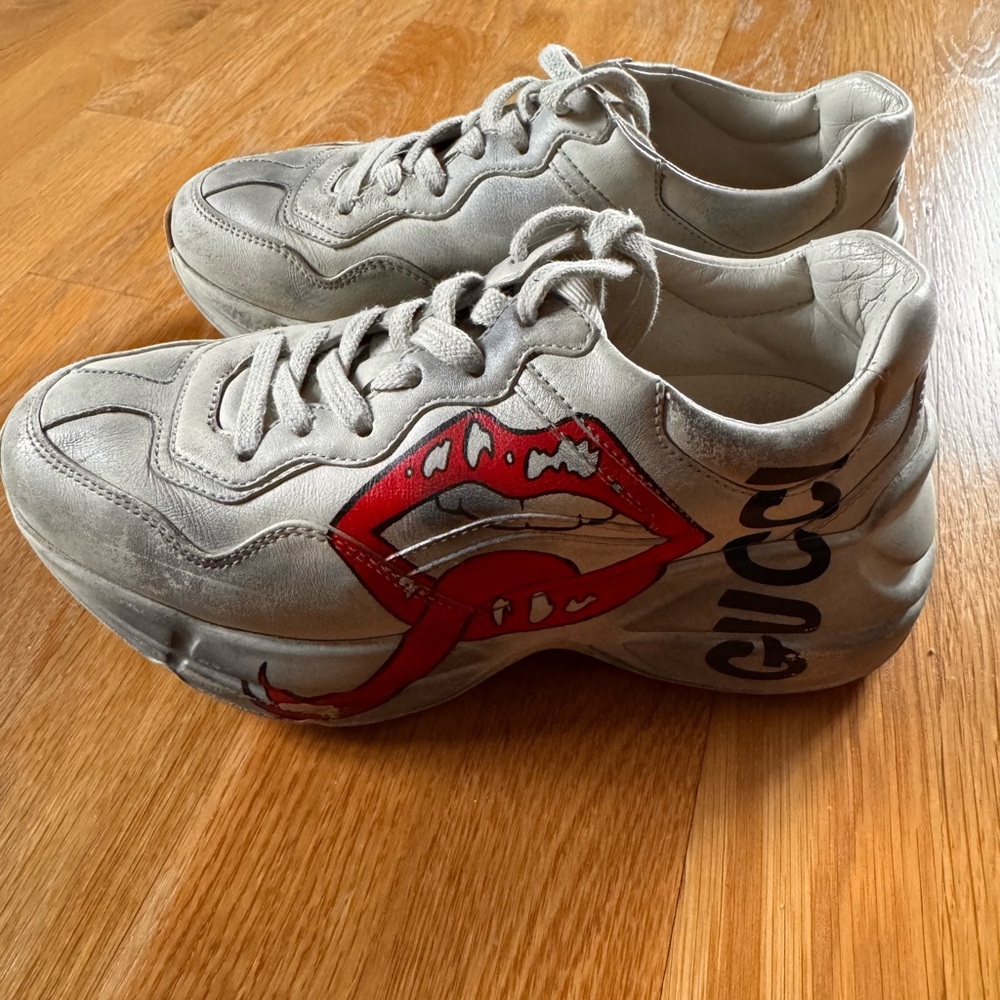Gucci Women's White Sneakers with Red Lip Design